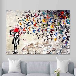 banksy girl canvas, banksy head shot art, butterfly girl suicide wall art, street printed, banksy canvas, abstract art c