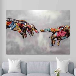 banksy hands graffiti framed canvas, couple fingers wall art, gift for lover, banksy love graffiti wall art, banksy, gol