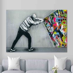 behind the curtain wall art, banksy boy art canvas, martin watson canvas, banksy colorful graffiti canvas, street canvas