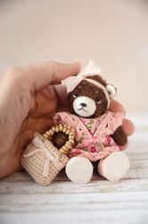 miniature joint teddy bear in a dress 3.74"(9.5 cm)
