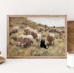 black cat and sheep poster, landscape poster, black cat art, funny cat print, cute cat, funny gift, home decor poster, g