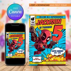 deadpool boy any age birthday invitation, superheroes comic birthday invitation canva editable instant download