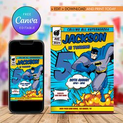 batman boy any age birthday invitation, superheroes comic birthday invitation canva editable instant download