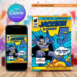 batman boy any age birthday invitation, superheroes comic birthday invitation canva editable instant download