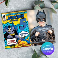 batman boy any age birthday invitation with photo, superheroes comic birthday invitation canva editable instant download