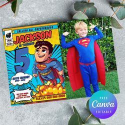 superhero boy any age birthday invitation with photo, superheroes birthday invitation canva editable instant download