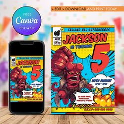 hellboy birthday invitation, any age hellboy birthday invitation comic style canva editable instant download