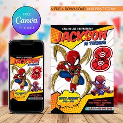 iron spider man birthday invitation, 8th birthday invitation iron spider man comic style canva editable instant download