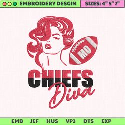 nfl kansas city chiefs diva embroidery design, nfl football logo embroidery design, famous football team embroidery design, football embroidery design, pes, dst, jef, files