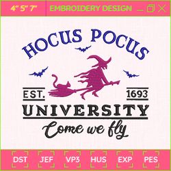 hocus pocus university embroidery design, horror movie halloween embroidery file, 3 sizes, format exp, dst, jef, pes