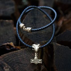 mjolnir thor hammer pendant with ram head on black leather cord. viking goat necklace. man jewelry. present for man.