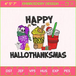 hallothanksmas embroidery machine design, fall halloween christmas embroidery file, seasonal coffee cup embroidery file