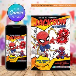 iron spider man birthday invitation, 8th birthday invitation iron spider man comic style canva editable instant download