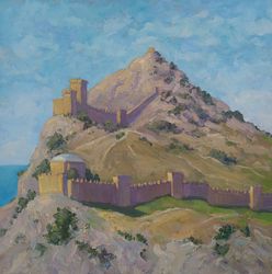 mountain with a fortress oil painting original art landscape landscape artwork