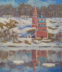 spring landscape with a church old architecture snow river water reflection oil painting original art