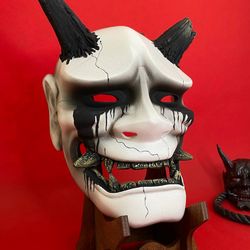 japanese hannya mask: crying hannya, white and black samurai mask, japanese demon mask wearable, made to order