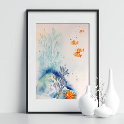 coral painting seaweed original watercolor fish artwork underwater handmade wall art