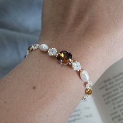 brown shine bracelet handmade flower bracelet crystal beaded bracelet dainty jewelry gift for her aesthetic jewelry