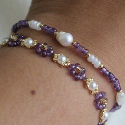 mother-of-pearl purple bracelet flower beaded bracelet pearl accessories dainty dark purple jewelry gift for you