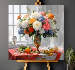 canvas hand painted bouquet of flowers, oil painting, acrylic painting, still life art, painted flowers, wall art