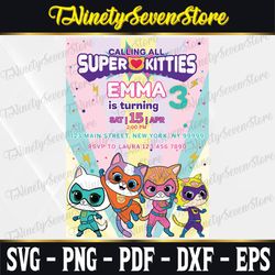 super kitties birthday invitation, girl birthday party invitations, printable, editable instant download, superkitties