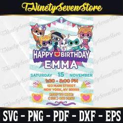 super kitty birthday invitations template, digital invite, party favor, superhero theme, thank you tags, birthday