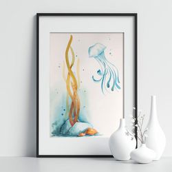 jellyfish painting seaweed original watercolor fish artwork underwater handmade wall art