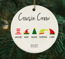 personalized cousin crew christmas ornament, custom santa and elf costume holiday christmas keepsake, christmas bauble