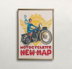 motorcycle wall art, vintage wall art, woman riding motorcycle, vintage motorcycle, old advertisement, digital download,