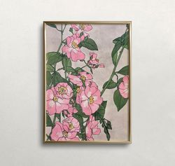 pink flowers wall art, vintage wall art, floral wall art, eclectic wall art, feminine wall art, digital download, printa