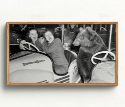 samsung frame tv art, bear driver, black and white art, vintage wall art, woman and bear, bear in bumper car, funny wall