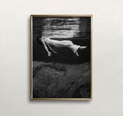 woman floating underwater, black and white art, vintage wall art, dark moody art, old photo, woman art, digital download