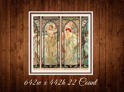 four times of the day | cross stitch pattern | alphonse mucha 1899 | 642w x 442h  - 22 count | pdf vintage counted