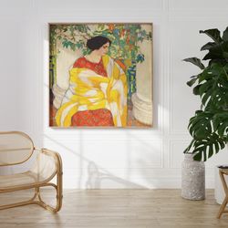 woman with yellow shawl  vintage wall art   woman portrait  colorful wall art  maximalist wall art digital download prin