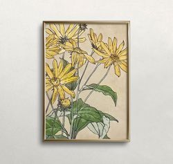 yellow flowers wall art, vintage wall art, floral wall art, eclectic wall art, feminine wall art, digital download, prin