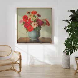 zinnias wall art  flowers wall art  vintage wall art   antique wall decor  colorful wall art  digital download  printabl