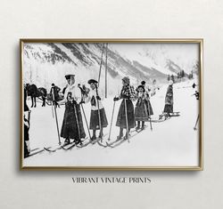 victorian women skiers, black and white art, vintage ski art, vintage ski print, winter wall art, digital download, prin