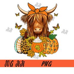 highland cute cow png, fall leaves pumpkins autumn thanksgiving png