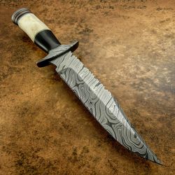 rare custom hand made damascus bowie knife camel bone handle