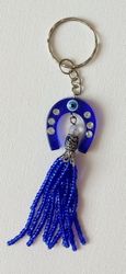 blue evil eye protection from nazar good luck charm keychain key ring round shape in blue and silver small gifts ideas