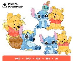 bundle layered svg, winnie and stitch baby svg, baby shower, digital download, clipart, png, svg, cricut, cutfile