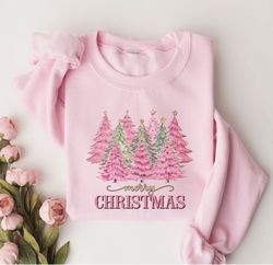 pink merry christmas tree sweatshirt, pink christmas tree sweatshirt, christmas party sweatshirt, christmas vacation swe