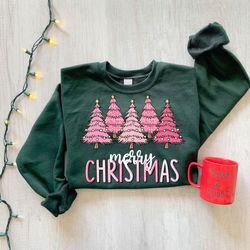pink merry christmas trees sweatshirt, womens christmas sweatshirt, merry and bright, holiday sweater, winter shirt, cut