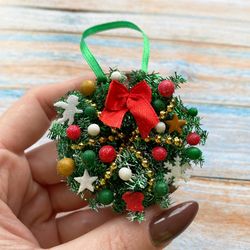 miniature wreath on a christmas tree