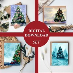 set winter new year 4 watercolor cards jpeg digital downloads