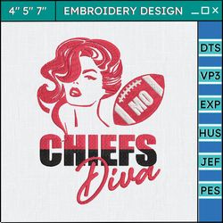 nfl kansas city chiefs diva embroidery design, nfl football logo embroidery design, famous football team embroidery design, football embroidery design, pes, dst, jef, files