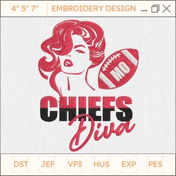 nfl kansas city chiefs diva embroidery design, nfl football logo embroidery design, famous football team embroidery design, football embroidery design, pes, dst, jef, files