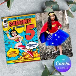 wonder woman birthday girl invitation with photo , any age birthday girl invitation comic style canva editable