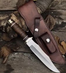 CUSTOM HANDMADE D2 STEEL HUNTING SOG BOWIE KNIFE WITH STACKED LEATHER HANDLE