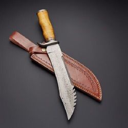 Custom Handmade Damascus Steel Hunting Bowie Knife with Leather Sheath